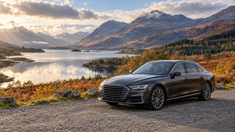 AI-generated illustration of an executive car beside a Scottish Highland loch and autumn mountains