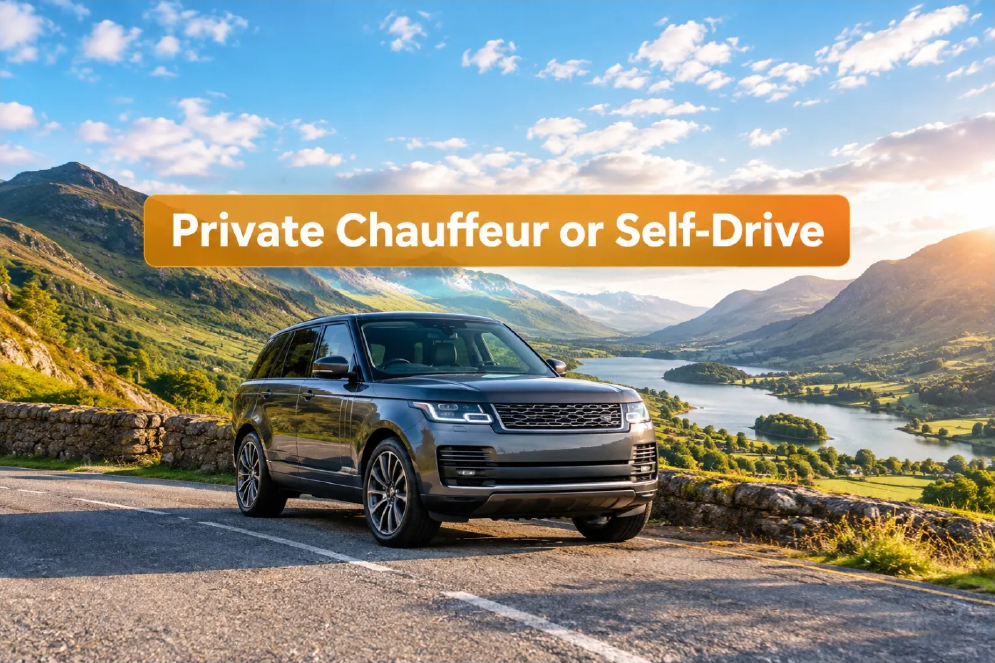 Illustration of an SUV beside a Scottish loch and mountains, with the title Private Chauffeur or Self-Drive