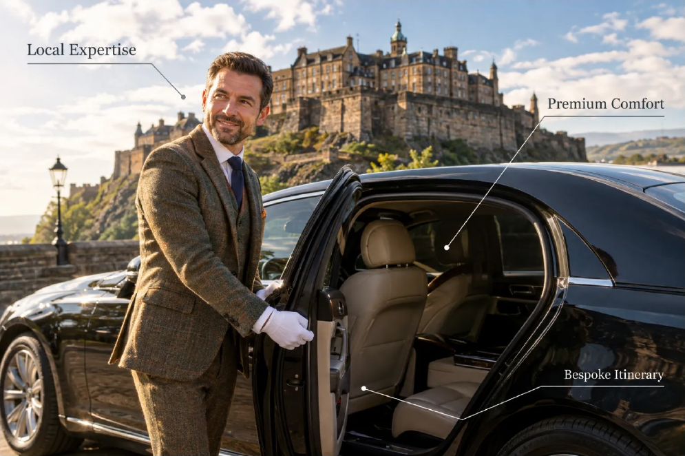 Illustration of a chauffeur opening a car door near Edinburgh Castle, highlighting local expertise, comfort and itinerary planning