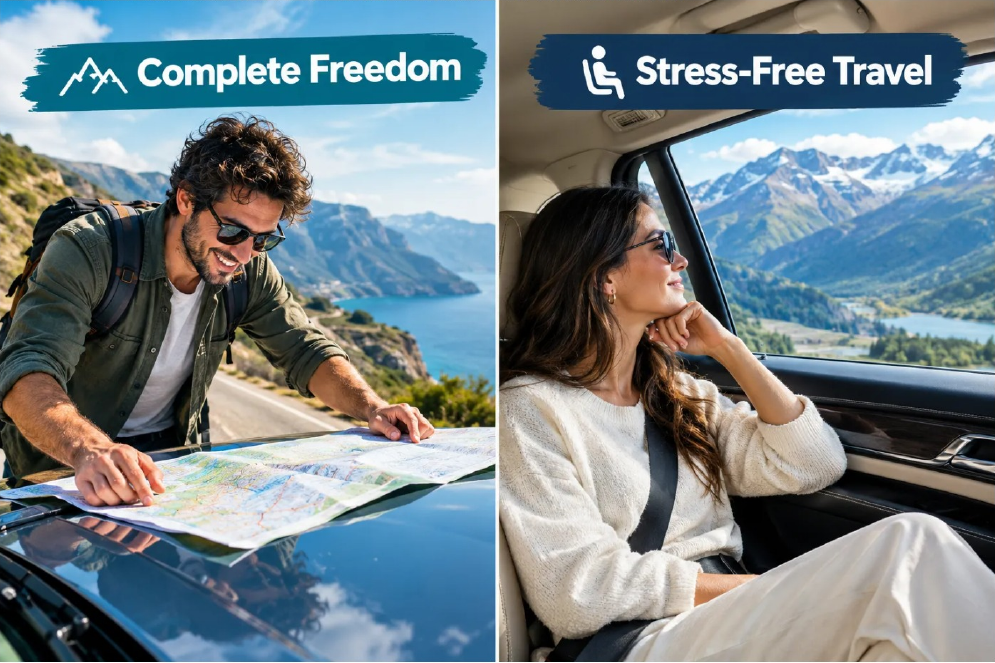 Comparison illustration showing a traveller reading a map and a passenger enjoying mountain scenery from a car